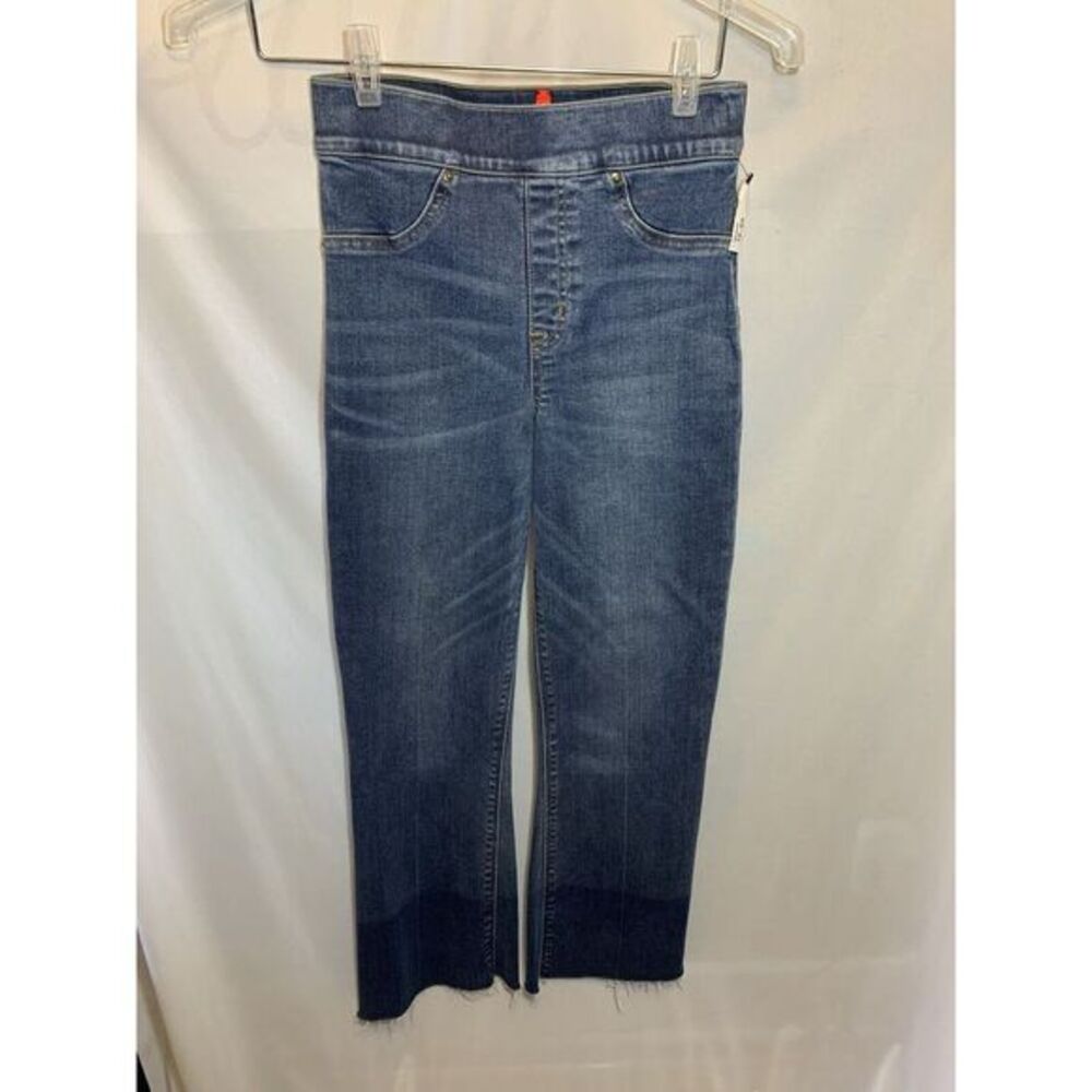 Spanx Women's Blue Cropped Flare Denim Pullon Jeans Raw Edge Hem Rise Size XS